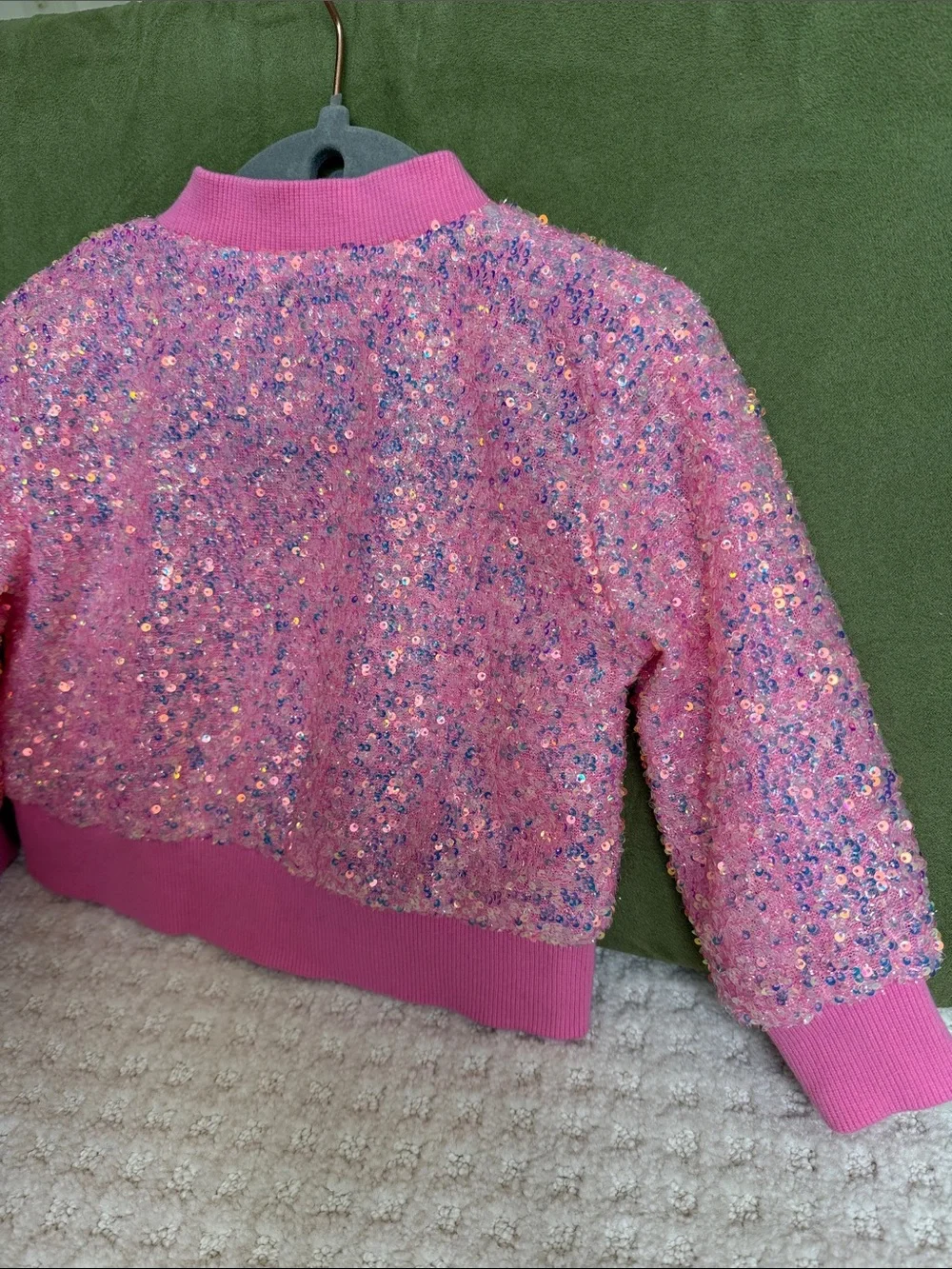 Toddler Sequin Pink Bomber Jacket with Ribbed Trim